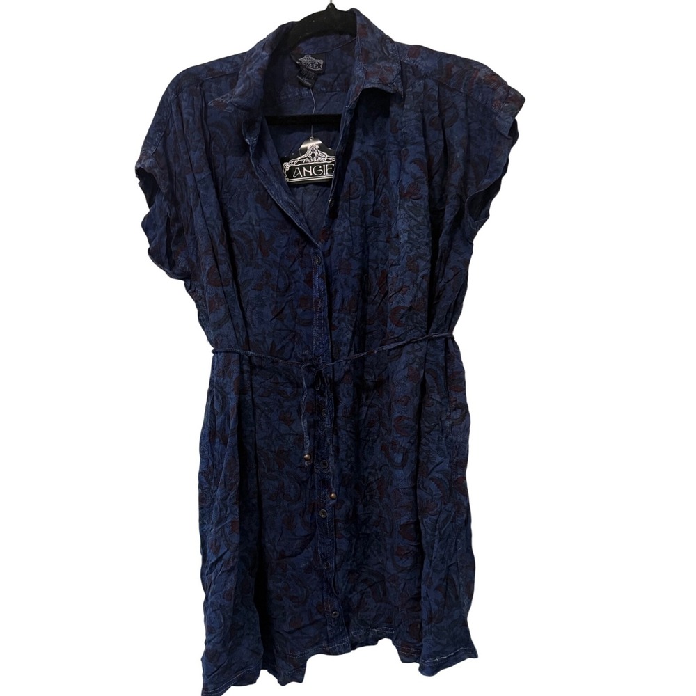 Angie Floral Print Dress Button Down Short Sleeve Casual Blue Small‎